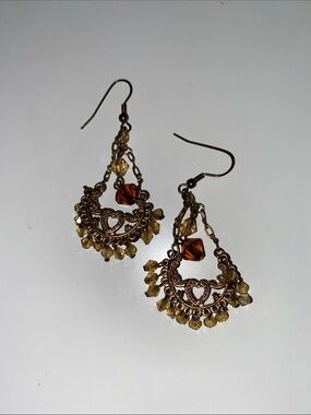 Gold-Tone Heart Filigree Drop Earrings with Amber and Yellow Beads